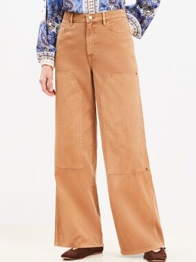 New LOFT Wide-Leg High Waist Utility Cargo Camel Brown Jeans Western 100% Cotton